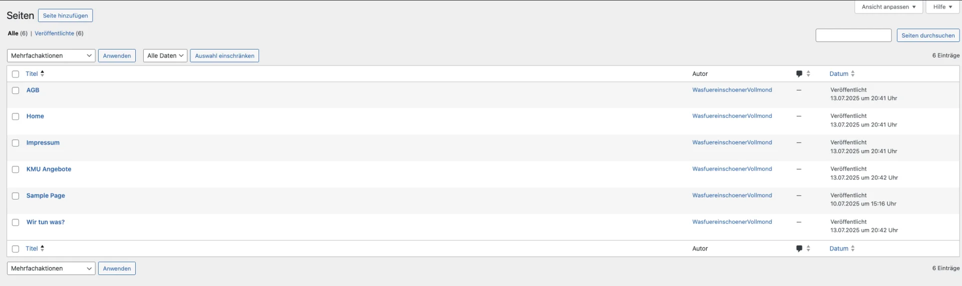 WordPress Ansicht Seitenansicht, eigener Screenshot