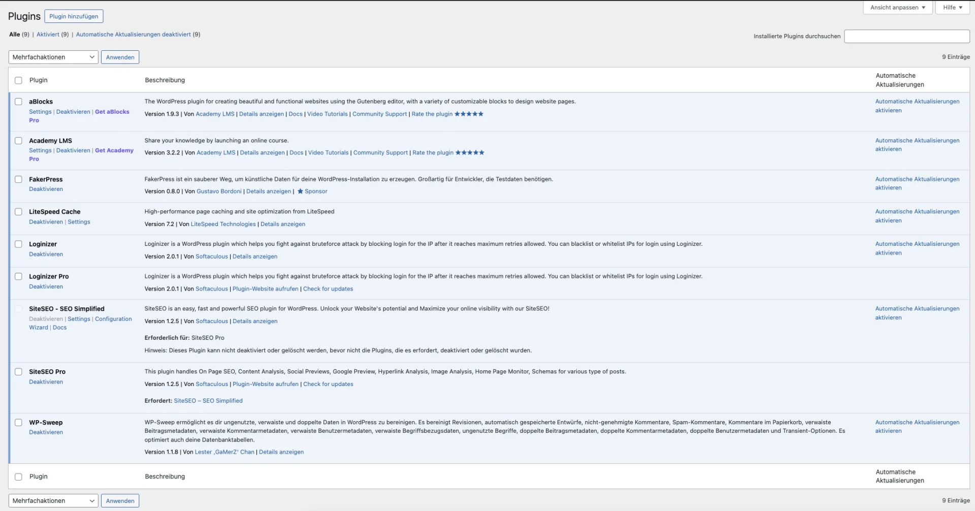 Ansicht Wordpress mit installierten Plugins, eigener Screenshot.