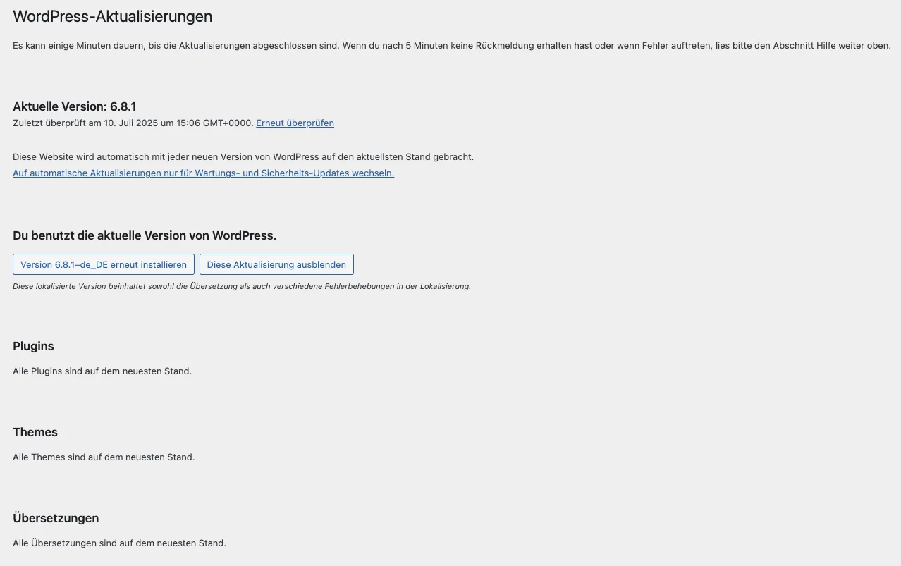 Alles aktualisiert. Screenshot aus WordPress.